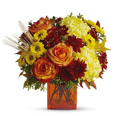 A Bouquet of Bi-color Roses including Yellow Cushion Spray Mums and Rust Cushion Mums on an Orange Cube Vase