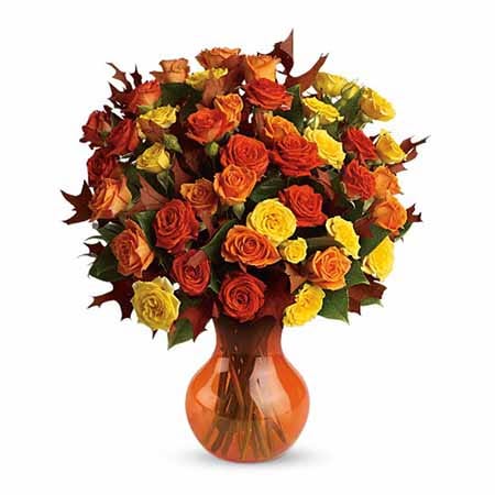 Fall orange rose flower bouquet with mini yellow roses and orange flower vase