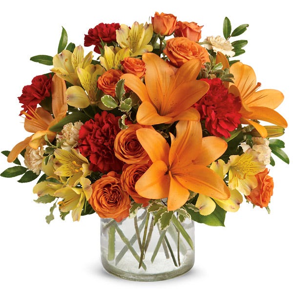 Orange lily and rose bouquet with yellow alstroemeria and orange carnations