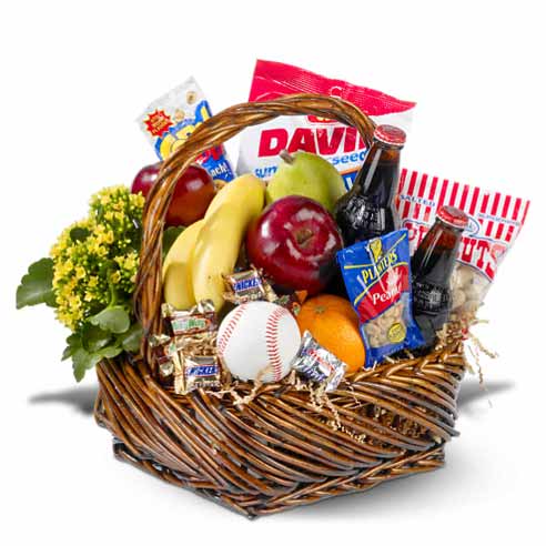 Small Bag of Regular And Shelled Peanuts, Sunflower Seeds, Corn Nuts, Assortment of Fresh Fruits, Mini Candy Bars, Bottles of Root Beer and Mini Kalanchoe Plant with Baseball Ball in a basket