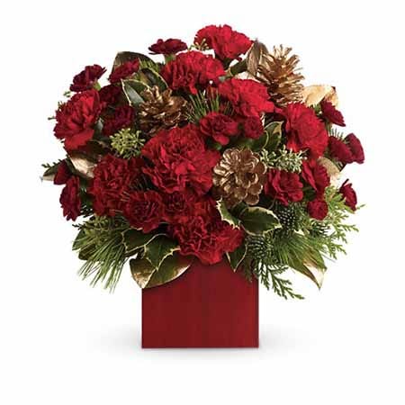 Red carnations, pink cones and holiday greens in a red square vase