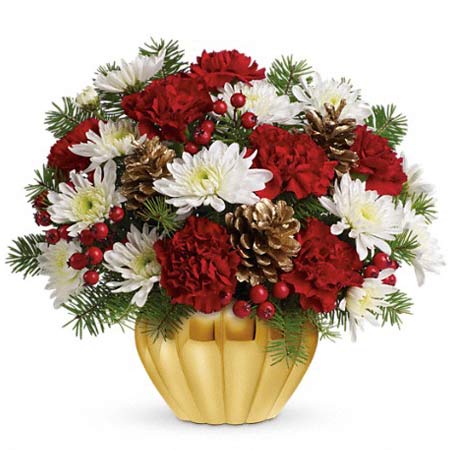 Red Carnations, White Spray Chrysanthemums, Douglas Fir and Pinecones in a Gold Scalloped Design Bowl