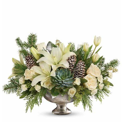 Rustic flower centerpiece for Christmas, holiday or Thanksgiving with eucalyptus