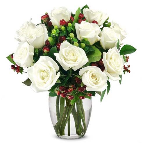 One Dozen White Roses with Christmas Berries