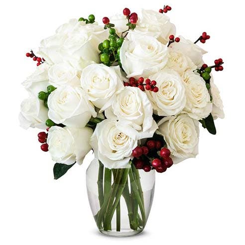 Two Dozen White Roses with Christmas Berries
