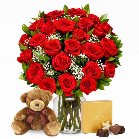 Two Dozen Red Roses with Chocolates and Teddy Bear