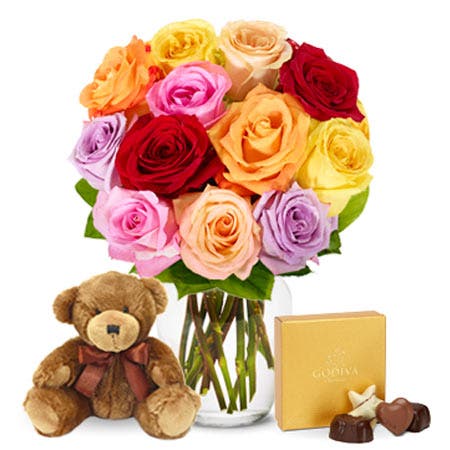 One Dozen Rainbow Roses with Chocolates and Teddy Bear
