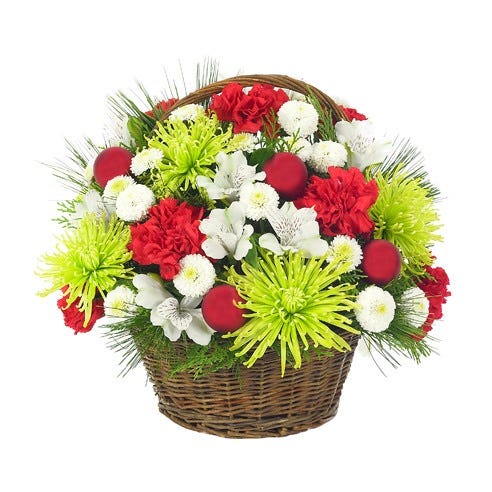 Holiday flower basket with green, red and white flowers