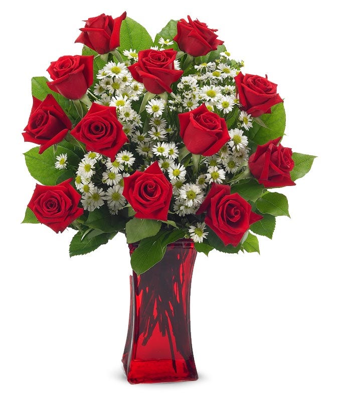 One dozen long stem red roses in red vase for delivery 