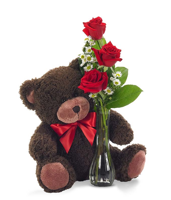 Three Red Roses in a Glass Bud Vase with Teddy Bear