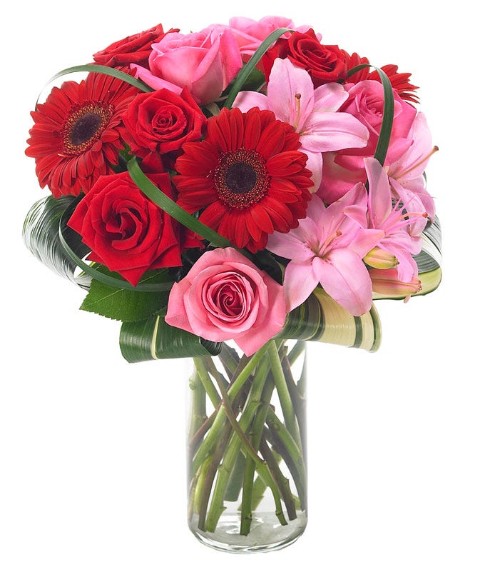 Elegant Valentine's bouquet with red roses, pink roses and red gerbera daisies
