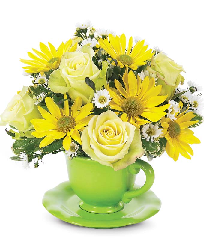 Yellow roses delivered in a reusable tea cup vase