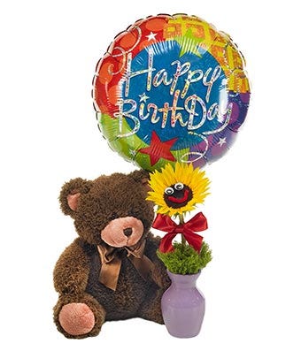 Birthday balloon delivered with a plush teddy bear and sunflowers