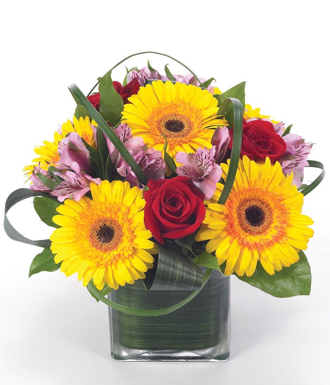 Sunflowers, red roses and purple alstroemeria in a cube vase