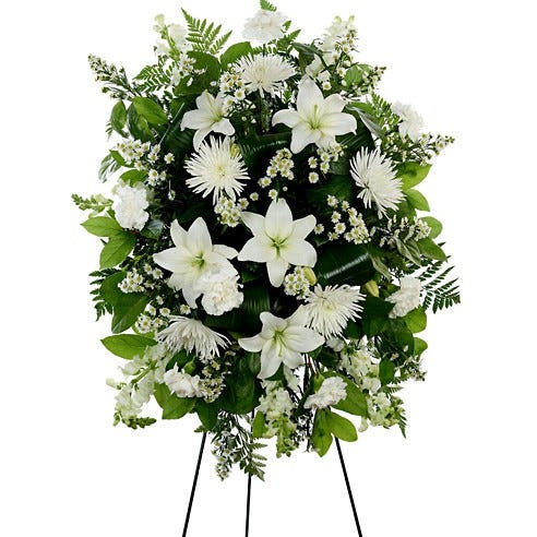 Standing Spray with white mums, carnations and monte casino