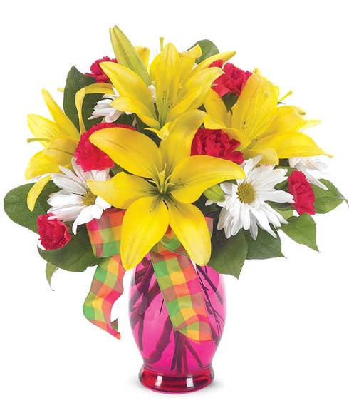 Order flowers with yellow lilies with red carnations and white daisies