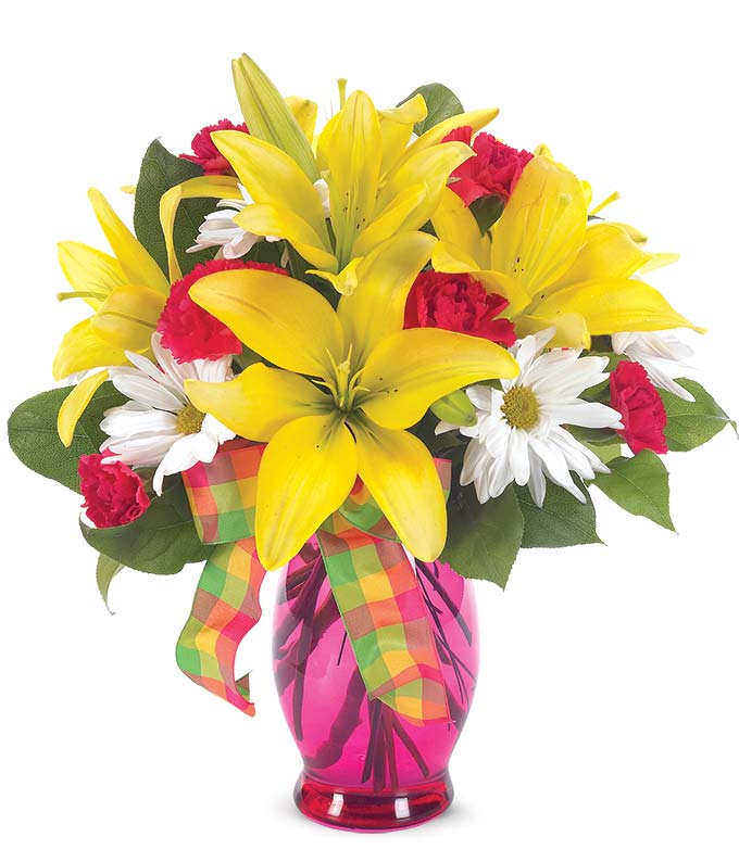 Order flowers with yellow lilies with red carnations and white daisies