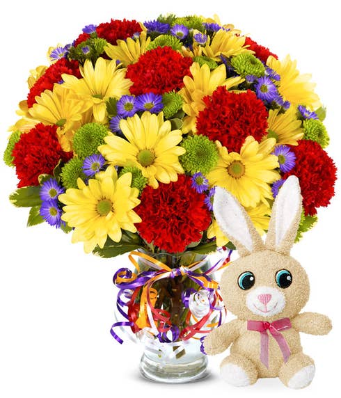 Yellow daisy, red carnations, flowers and ribbons Easter bouquet with stuffed animal