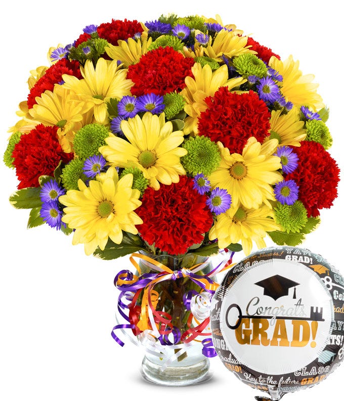 Graduation mixed yellow daisy red carnations flower bouquet with graduation balloon