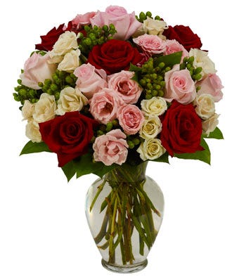 Valentine arrangement with red roses, white roses and pink roses