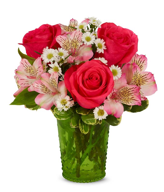 Hot pink roses, pink alstroemeria and monte casino delivered in a green vase