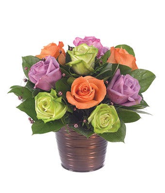 Bright rose bouquet with purple, orange and green roses