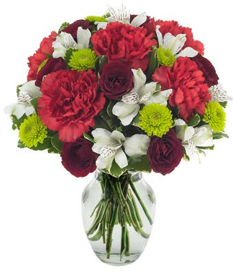 Deep red roses, green poms and white alstroemeria with glass vase