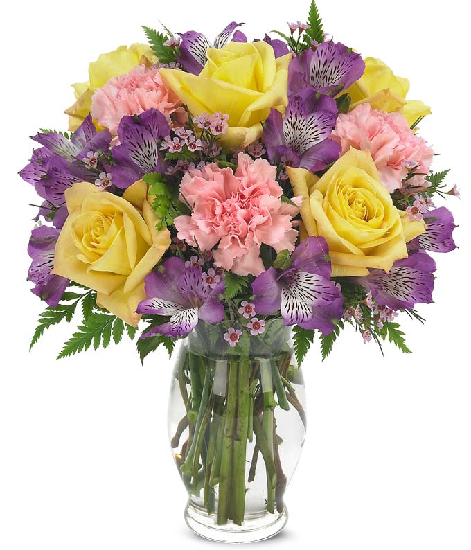 Yellow roses, pink carnations and purple alstroemeria delivered in vase