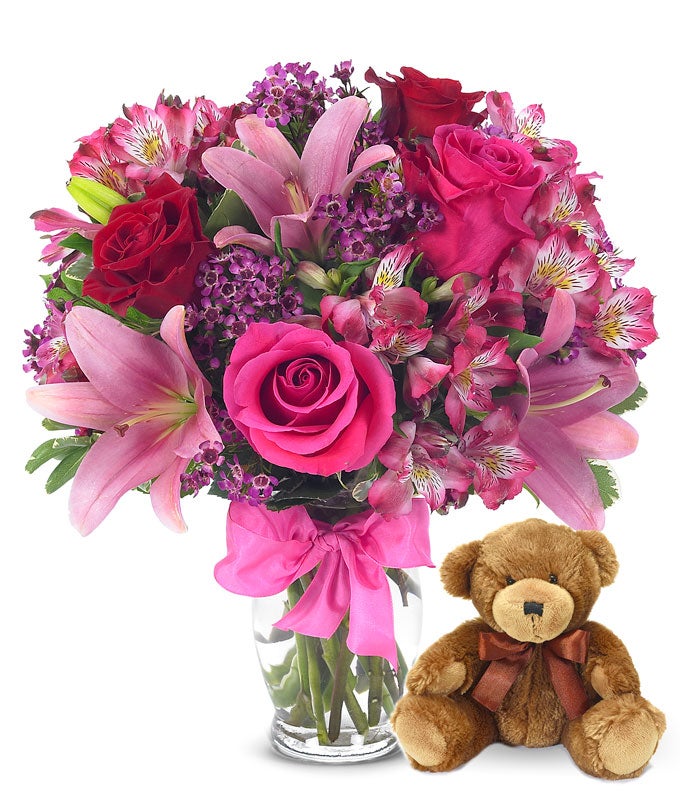 A Bouquet of Pink And Red Roses, Blush Asiatic Lilies and Light-Pink Alstroemeria in a Glass Vase with Bow with Plush Teddy