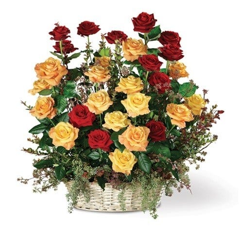 Red, Orange Roses and Red Huckleberry Arrangement