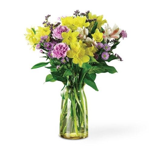 Yellow Daffodils, Lavender Carnations & Alstroemeria in a Vase