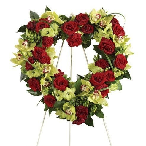 Red Roses, Green Cymbidium Orchids& Green Gladiolus Standing Wreath						