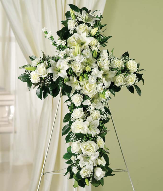 White Roses, Lilies & Carnations Standing Cross					