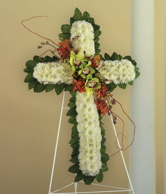 White Cushion Poms, Green & Red Orchids Standing Cross						