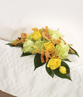 Green Roses, Yellow Roses & Orchid Casket Adornment