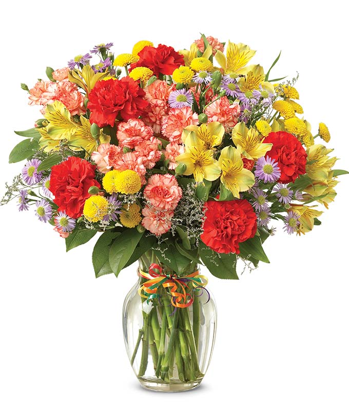 Sending flowers online for delivery in an orange carnations bouquet with cheap flowers