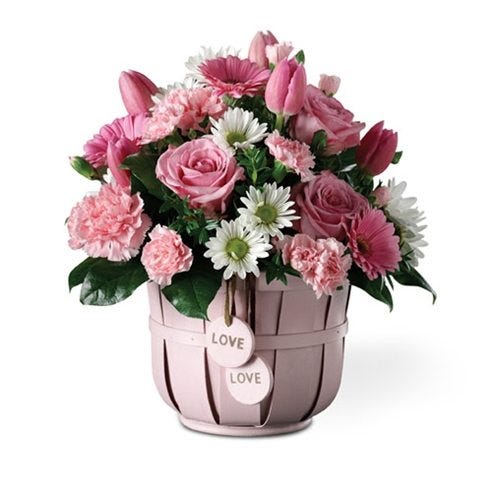 Pink flowers delivered in a basket with pink roses and tulips