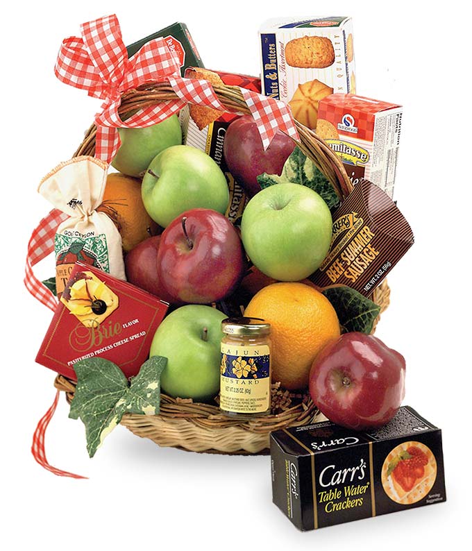 Assorted Fresh Fruits, Apples, Crackers, Sausage, Jam and Assorted Snacks in a Woven Container with Decorative Ribbon