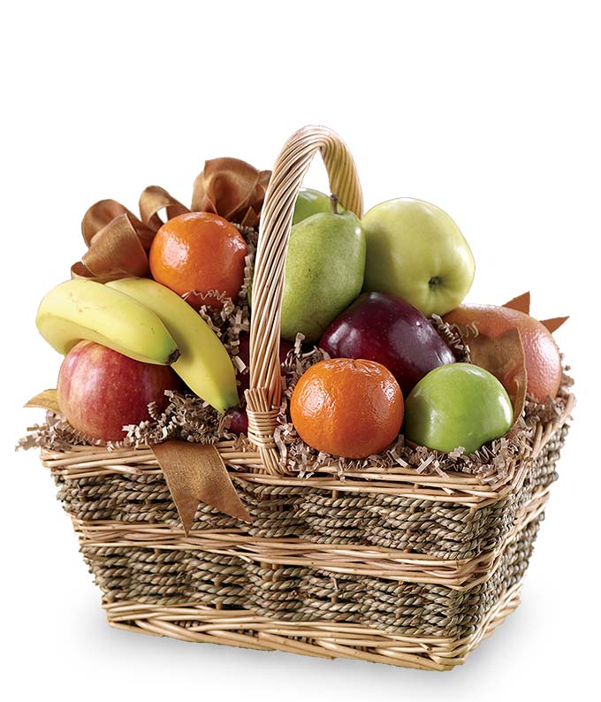 Fresh fruit basket delivered in a woven handled basket