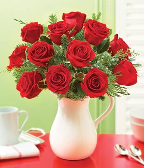 Winter One Dozen Roses in Pitcher