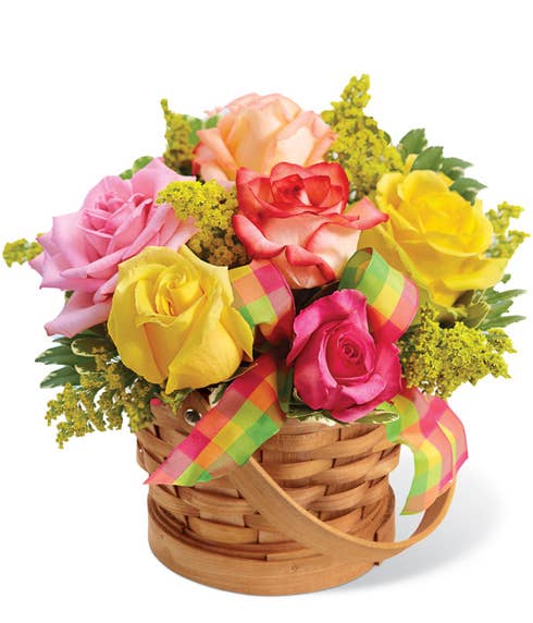 Mixed pastel roses basket bouquet with yellow, pink, hot pink and peach roses