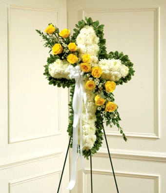 Yellow & White Standing Cross With Yellow Rose Break