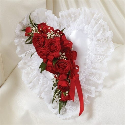 Red & White Satin Heart Casket Pillow
