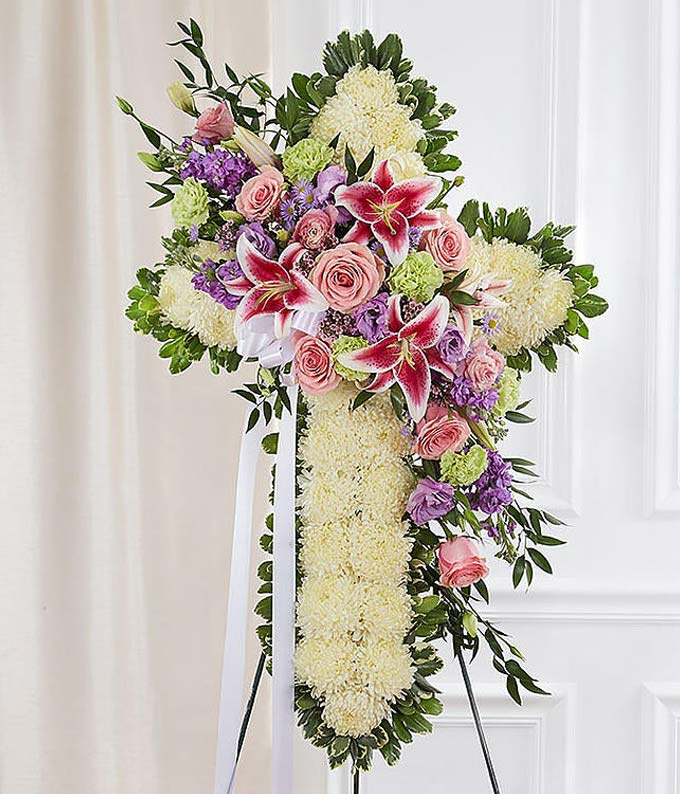 Sympathy Cross Standing Spray with White and Pastel Flowers