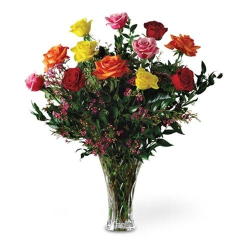Long stemmed mixed roses in red, pink, yellow and purple