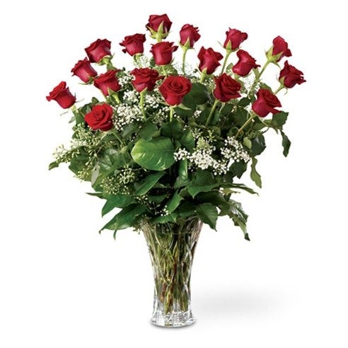 18 long stem red roses delivered in a crystal ribbon vase for valentine's