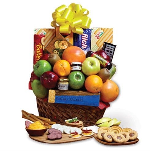 Fresh Fruits and Sweet And Savory Snacks in a Woven Container with Cute Decorative Ribbon