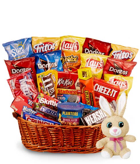 Sweet and salty Easter gifts basket with stuffed animal Easter bunny plush