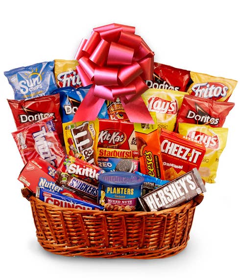 same day parents day gift basket delivery with free shipping, candy, and snacks