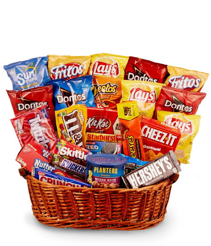 Sweet & Savory Goodies Creatively Hand Arranged in a Basket with White Bow and Card Message